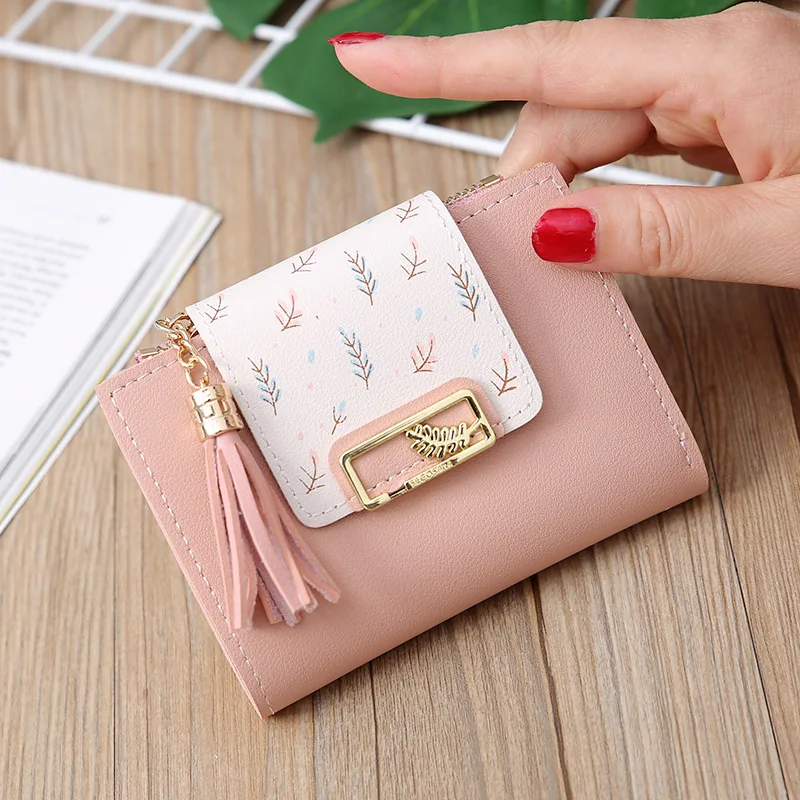 

New simple leaf personality short ladies wallet Korean style tassel zipper coin purse female wallet wallet women luxury womens