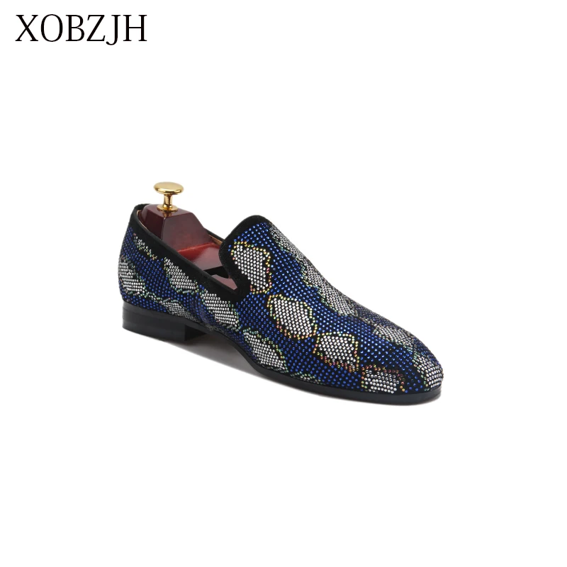 Italian Genuine Leather Wedding Loafers Men Luxury Formal Dress red bottom Shoes Designer Blue Rhinestone Prom Shoes Big Size Italian Genuine Leather Wedding Loafers Men Luxury Formal Dress red bottom Shoes Designer Blue Rhinestone Prom Shoes Big Size