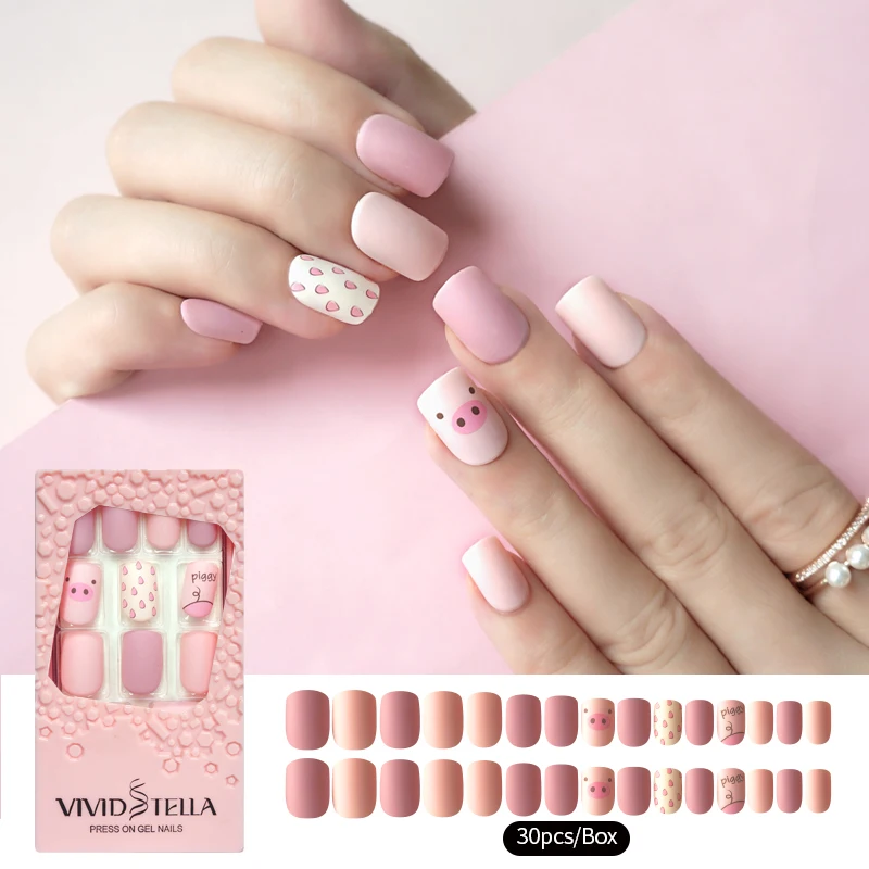 

30PCS Matte Pre-glue Short Fake Nails Piggy in Pink Box Press on False Nail Tips DIY Manicure Beauty Women Nail Tools