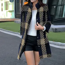 Женское клетчатое шерстяное пальто, женское теплое пальто из искусственной шерсти, толстая открытая куртка с решеткой спереди, зимняя отбеленная шерсть, верхняя одежда, длинное пальто, пальто