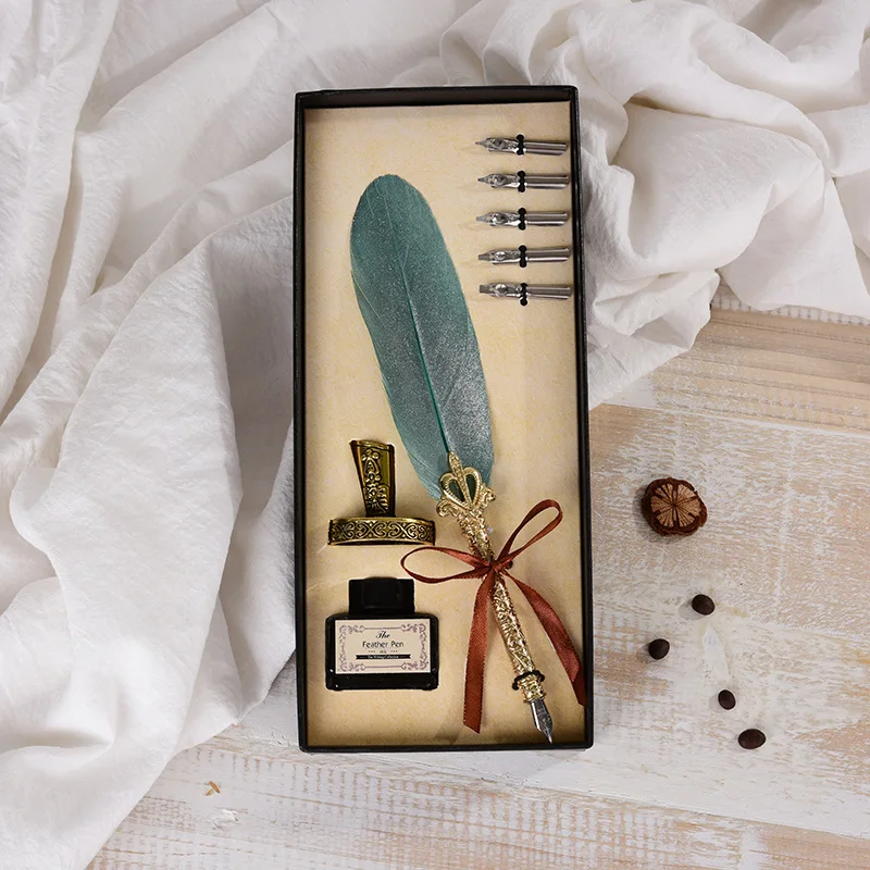 English Calligrap Feather Pen Set Vintage Advertising Gift ink Pen Dip Water Metal Fountain Pen Set Christmas Gift Box Dip Pen