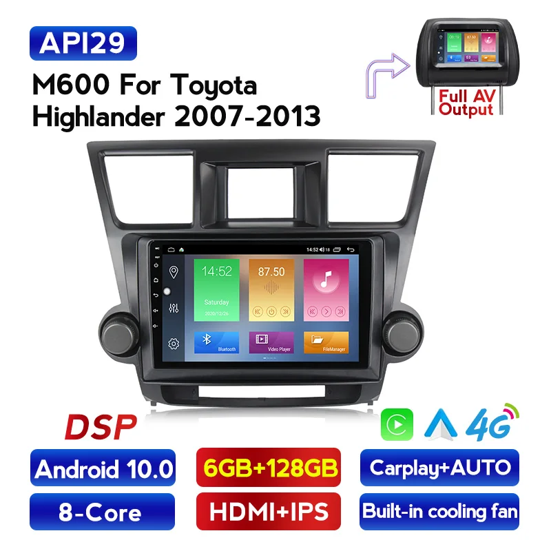 Восьмиядерный DSP IPS автомобильный DVD GPS-навигатор Android 10 для Toyota Highlander 2 XU40 2007-2013 с
