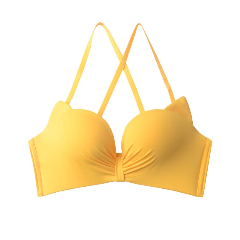 Цвет: желтый Sexy Lingerie Cat Ear Pattern Beauty Back Gather Bra Small Breast Thickened Wire Free Underwear For Girls 32/70-38/85 A B Cup - Цвет: Цвет: желтый