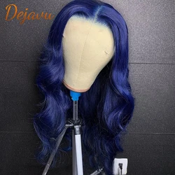 Dark Blue Lace Front Human Hair Wigs 4X4 Closure Wig Body Wave PrePlucked Wigs for Women Dark Blue Color Transparent