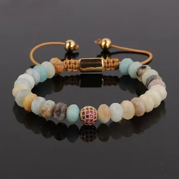 Unique Design Natural Stone Faceted Rondelle Shaped CZ Pave Ball Custom Beaded Macrame Bracelet Women Jewelry