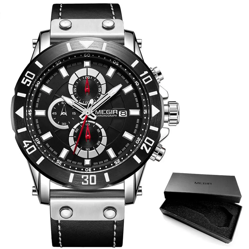 ML2081G-Black Мужские кварцевые часы Megir с хронографом и кожаным ремешком, армейские спортивные наручные часы для мужчин, водонепроницаемые часы Relogios Masculino, синий цвет, 2081 - Цвет: ML2081G-Black