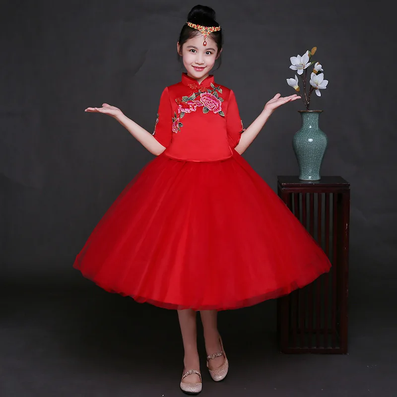 Элегантное вечернее платье для девочек Cheongsam с изысканной цветочной вышивкой; Сетчатое платье в китайском стиле с воротником-стойкой; Vestidos