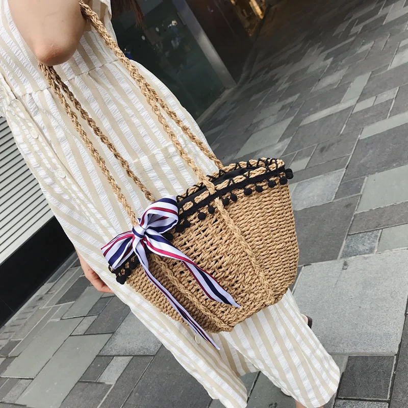 

JIULIN New straw wrapped scarf decoration black beads Hawaiian style single shoulder slanting lady bag