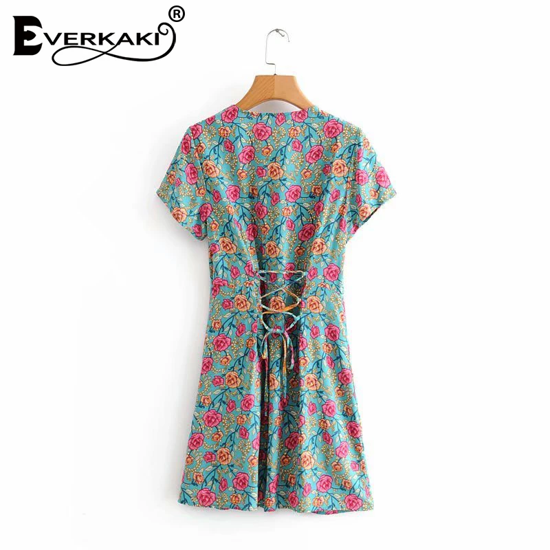 Everkaki Boho мини-платье женское с цветочным принтом на осень со шнуровкой сзади винтажное повседневное женское короткое платье Vestidos женское Новинка