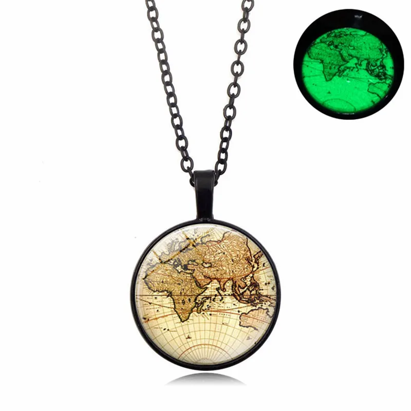 

New Retro World Map Pattern Luminous Necklace Simple Fashion Glass Dome Glow In The Dark Necklace Women Men Jewelry Accesory