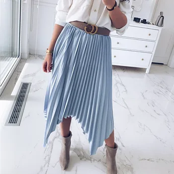 

2020 Spring Summer Asymmetrical Solid Color Women Skirt Elegant Loose Pleated Skirt for Women Midi Skirts Clothes