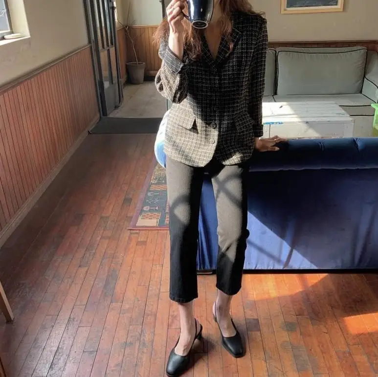 Winter Women Short Blazers Coat Fashion Lapel Single Breasted Plaid Blazers Notched Office Lady Work Jackets
