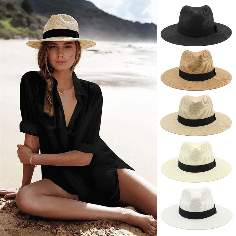 

Men Women Soft Straw Panama Hats Summer Wide Brim Bowtie Band Fedora Sunhats Trilby Caps Outdoor Beach Travel Size US 7 1/4 UK L