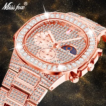 

MISSFOX Luxury Men Watch Gold 18K Nautilus Model Fully Paved Baguette Diamond Mens Watches Waterproof Calendar Male Clock Hours