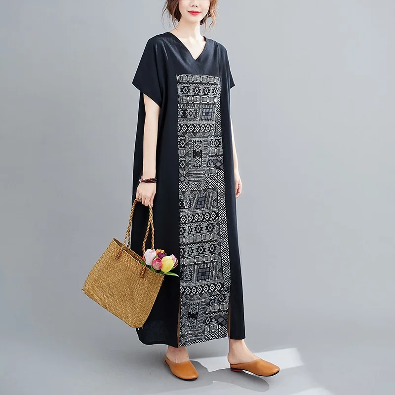 Oriental Dress Literature Retro Women'S Clothing Cotton Travel Holiday Dress Loose Long Robe Summer Vestidos 11484