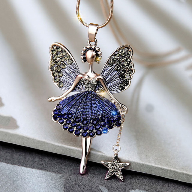 Fashion Statement Angel Fairy Pendant Necklace Women Crystal Dancing Girl Long Chain Necklace Winter Jewelry Accessories