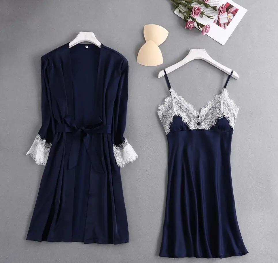 navy blue Осенние женские наборы ночных рубашек 2 шт ночной халат с нагрудной накладкой женское атласное кимоно банное платье пижамы розовый халат костюм - Цвет: navy blue