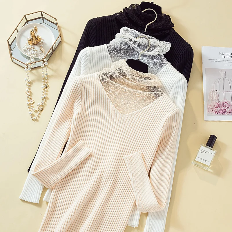 

gkfnmt 2020 Lace Turtleneck Pullovers Sexy Sweaters Winter Spring White Sweater Basic Long Sleeve Slim Soft Sweater Pull Femme