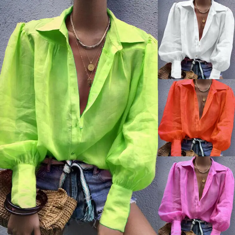 

New Fashion Womens Loose Shirts Blouses V Neck Lantern Long Sleeve Button Tops Casual Plain Solid Tee Shirt Blouse