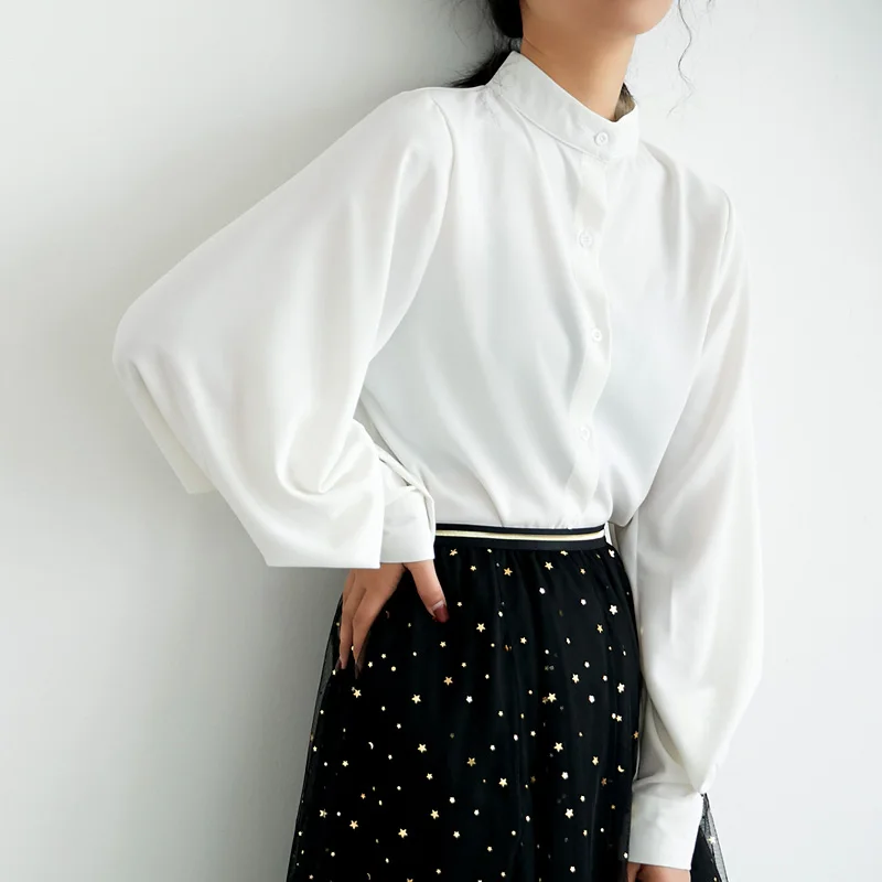 

2020 autumn design sense simple classic long-sleeved loose top stand-up collar lantern sleeve fashion solid color chiffon shirt