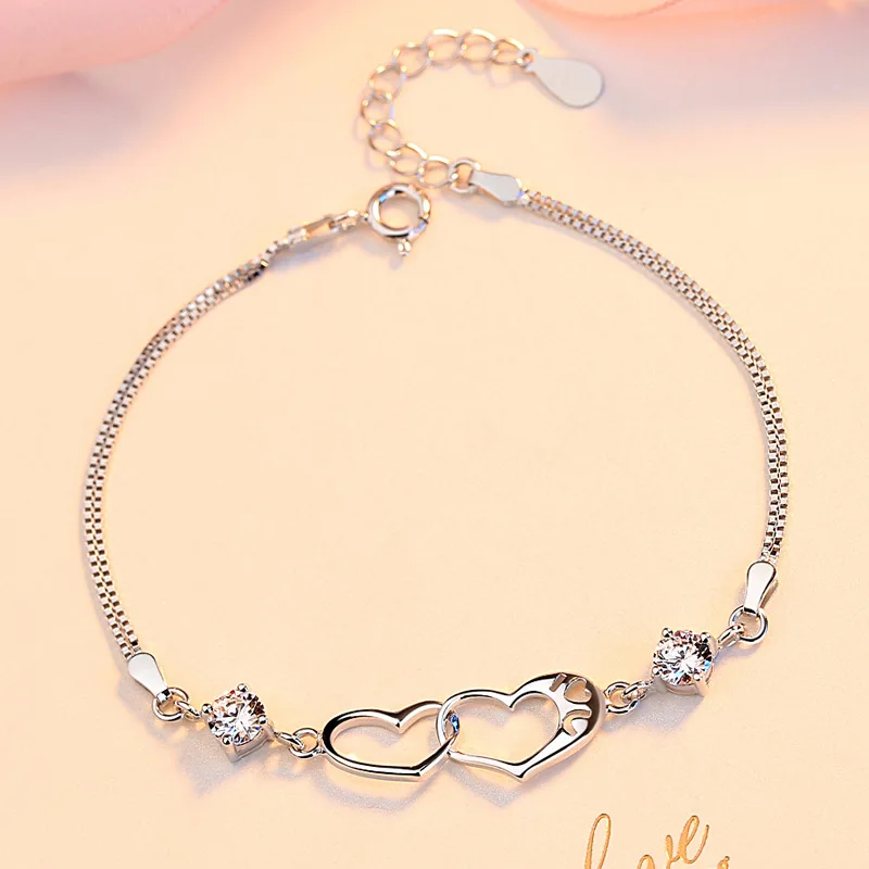 Для женщин s 925 пробы серебряный браслет сердце Forever Love регулируемые браслеты