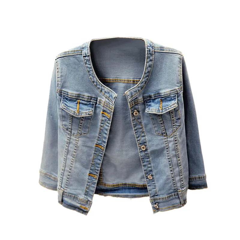 Promo  Denim Jackets Trendy XU Washed Three Quarter Sleeve Stretch Collarless Short Jeans Coat