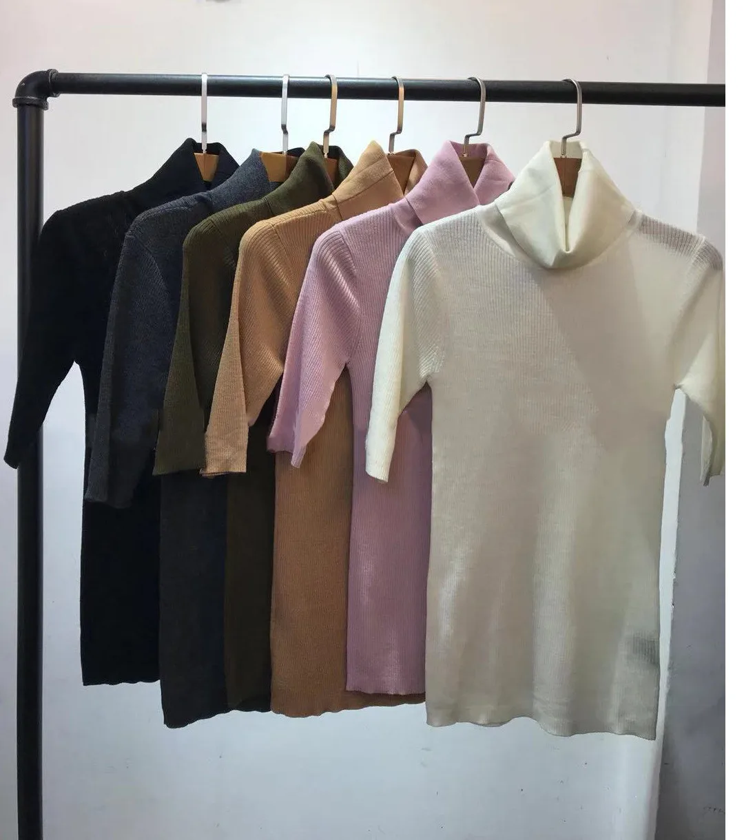 Women Solid Color Knitwear Turtleneck Sweater Elastic Half Sleeve Woolen Knitted Pullover