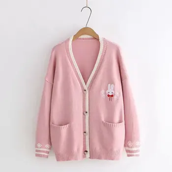 

New Autumn Korean Mori Girl Sweet Lolita Cute Bunny Embroidery Knitted Sweater Japanese Women Long Sleeve Cardigan Coat Knitwear