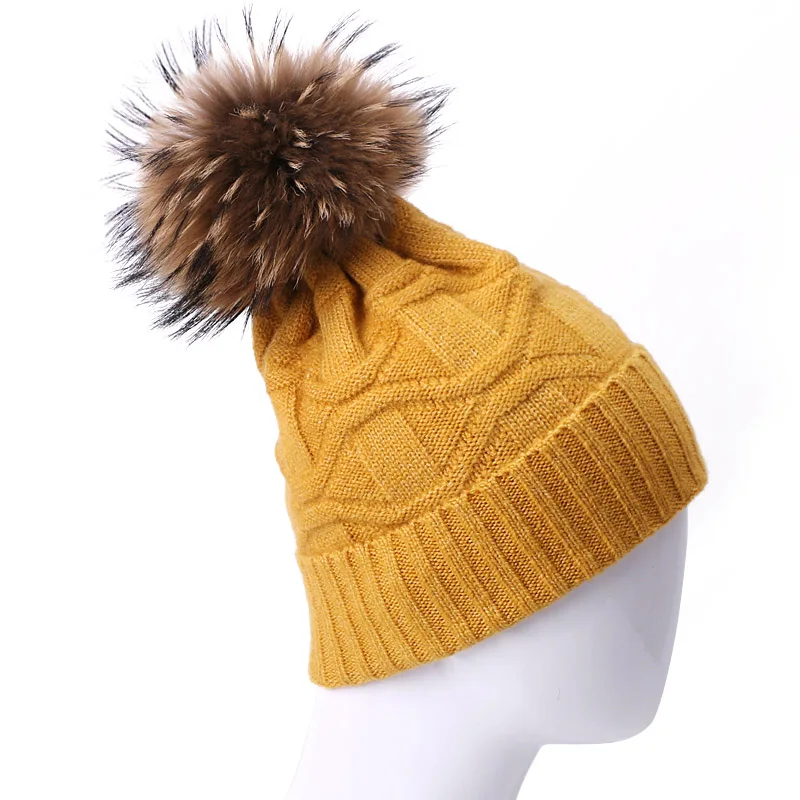 J Зимняя шапка из натурального меха с помпонами и помпонами Skullies Beanies, шапка для женщин, уличная теплая Толстая шапка, женская вязаная шапка - Color: J