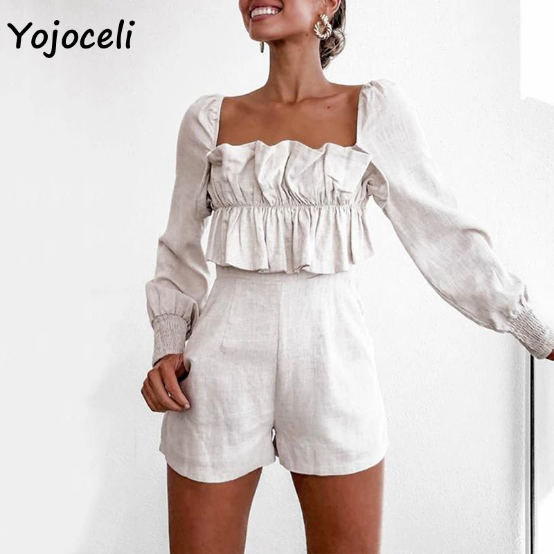 Yojoceli осенне-зимний комбинезон с длинными рукавами, комбинезон для женщин, уличная одежда с рюшами, короткий комбинезон, комбинезон