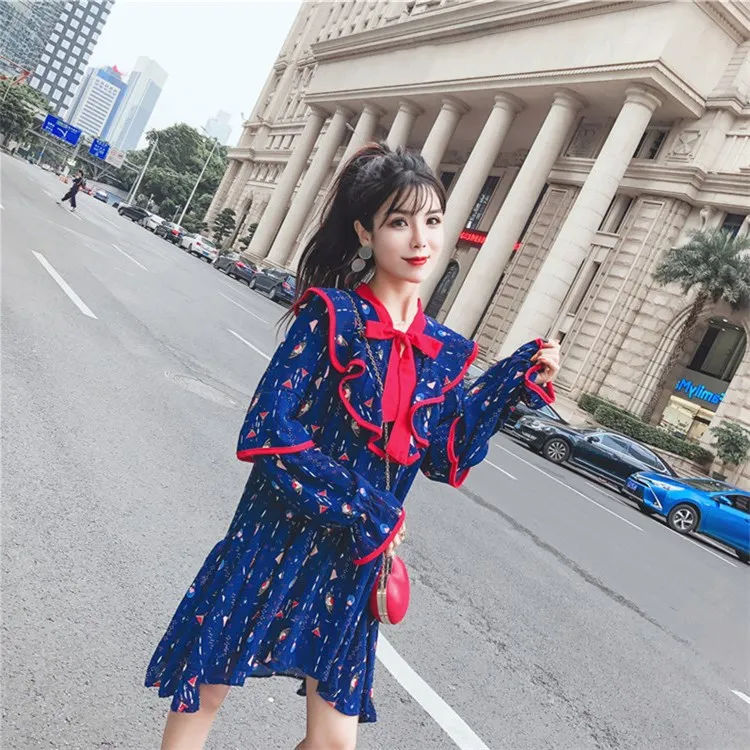 

One Piece Korean-Style High Quality Summer Wear New Style Hong Kong Style Graceful Sweet Flounced Lace-up Retro Floral Fashion S