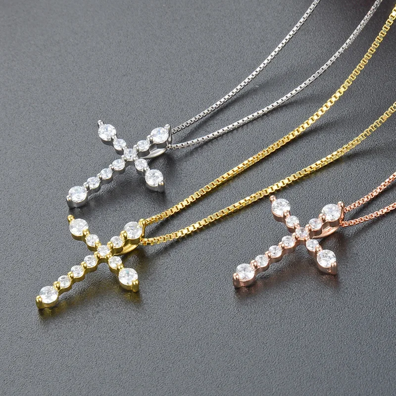 

Korean Version 45cm chains Fashion Elegant Temperament Cross Necklace S925 Silver Simple Row Diamond Cross Clavicle Chain