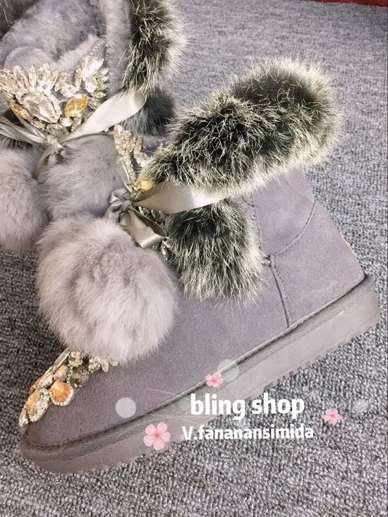 Original homemade European station heavy work sequins rhinestone beaded leather hair one leather thick snow boots
