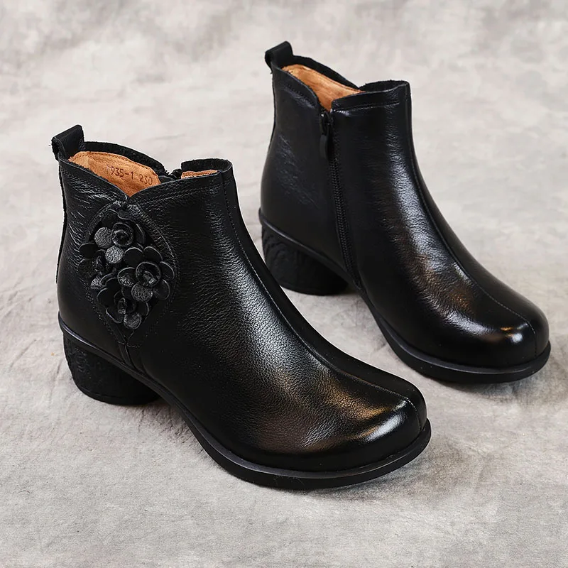 DRKANOL/классические женские ботинки; сезон весна-осень; женские ботильоны из натуральной кожи на толстом каблуке; короткие ботинки в стиле ретро с цветочным принтом на молнии