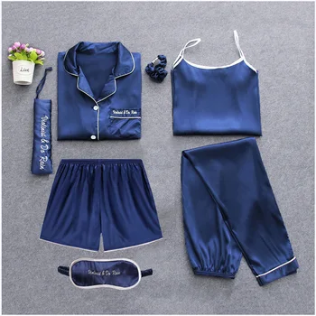 

Pajamas Set 7PCS Sleepwear Women Silky Sleep Set Satin Pyjamas Suit Loose Shirt&Pant Casual Intimate Lingerie Home Clothes
