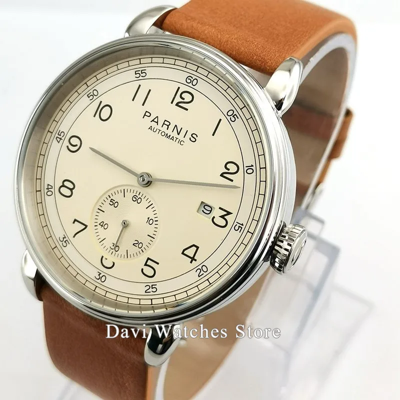 

Men's Watch Parnis 42mm Top Brand Mechanical Man Watch Silver Watch Case Date Leather Automatic Male Watch