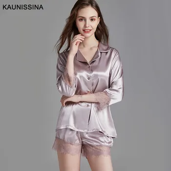 

Women Sexy Pajamas Set Sleepwear 3/4 Sleeve Turn Down Collar Shirt Shorts Sleepwear Lace Trim Summer Pajama Sets Home Nightwear