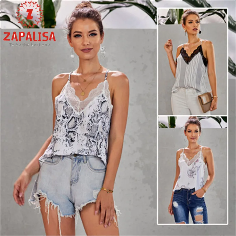 Zapalisa Elegant Causal Streetwear Female Halter Vest Tops Lace Spliced Sleeveless Feminine Summer Printed Tank Top Plus Size | Женская