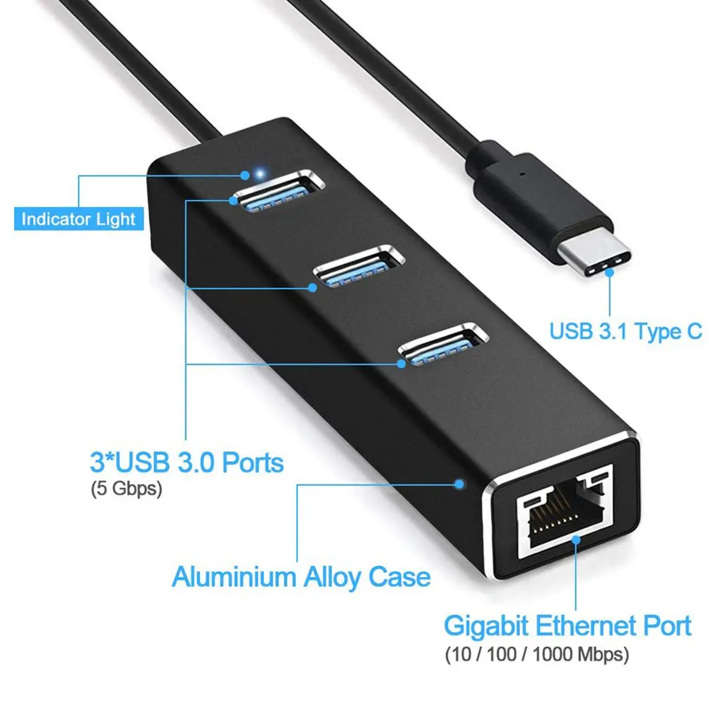 Алюминиевый 1000 Мбит/с Тип c USB концентратор 3,0 с гигабитным Ethernet RJ45 порт сетевой адаптер портативный концентратор данных для MacBook