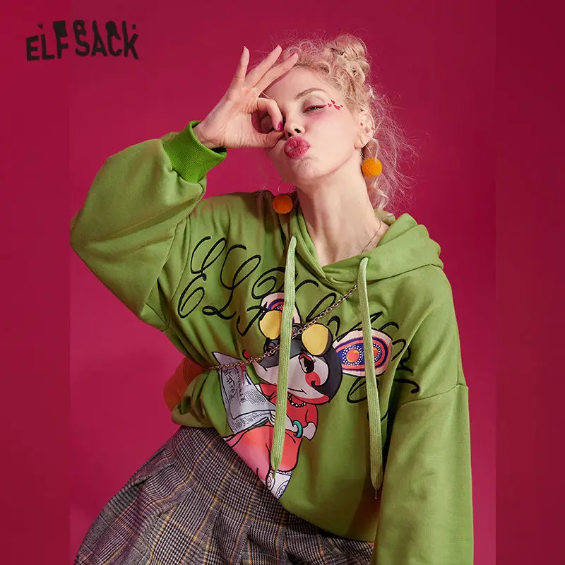ELFSACK, зеленый, однотонный, с принтом крысы, с капюшоном, толстовки, для женщин,, зима, фиолетовый, чистый, с заниженным плечом, рукав, повседневные, женские, базовые Топы