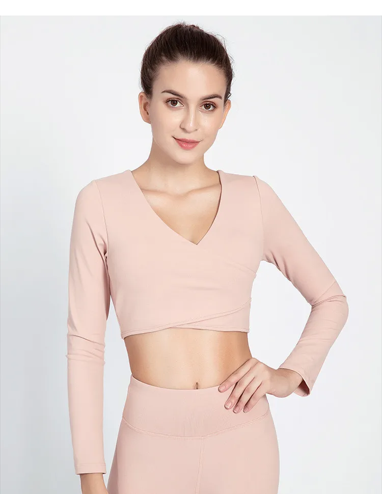 Женский топ для фитнеса с глубоким v-образным вырезом, эластичный силовой Топ для йоги, спортивный топ с длинными рукавами, дышащий Топ для тренировок в тренажерном зале, рубашки