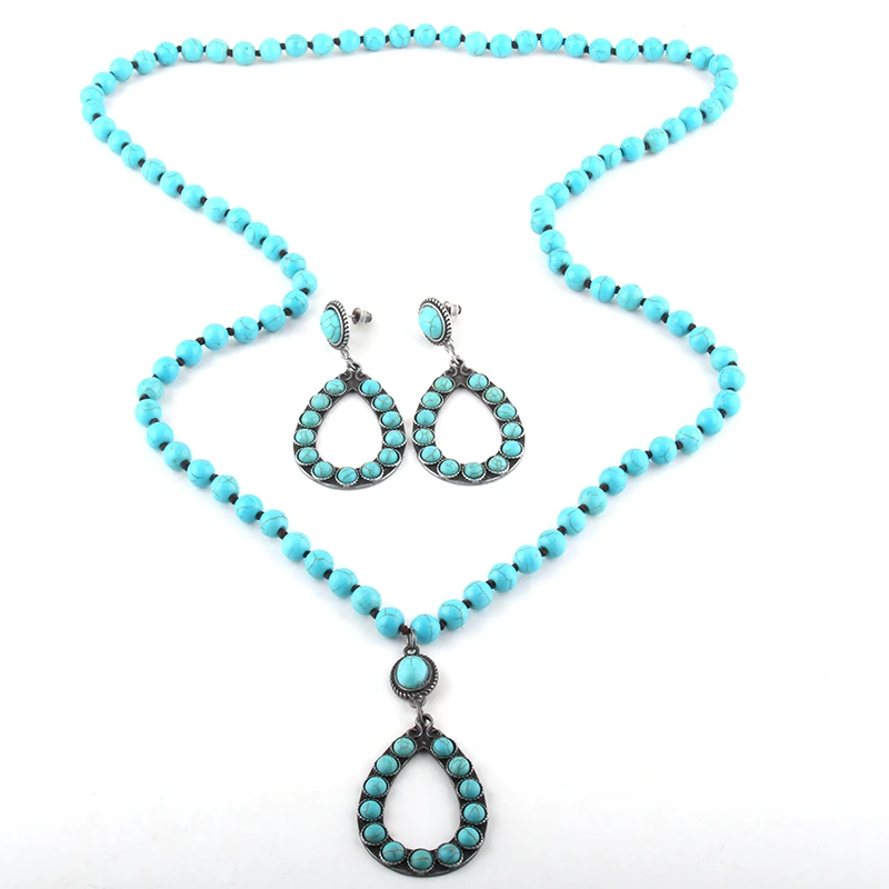 Модный Ювелирный Набор Turq камень/стекло длинное завязанное ожерелье серьги набор