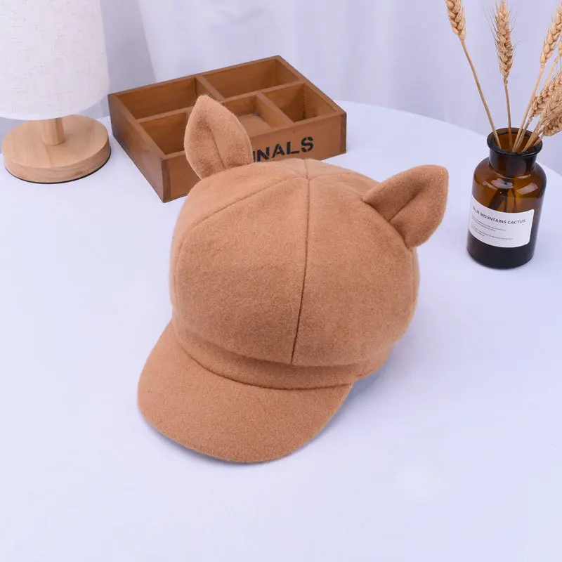 Khaki Мультяшные кошачьи уши Восьмиугольные шляпы для женщин плоский верх осень зима Дамская Кепка s повседневные береты шляпа бренда Gorra для женщин Newboy Кепка сплошной цвет - Цвет: Khaki