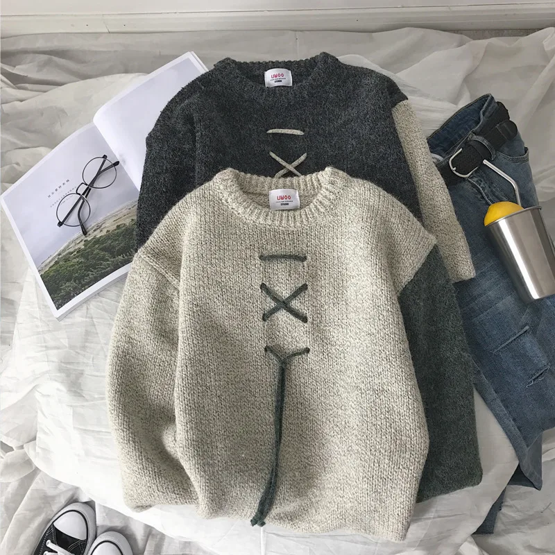 Winter Sweater Men Warm Fashion Sweter Lace Casual Knit Sweaters Man Streetwear Loose Long-sleeved Pullover Male Clothes