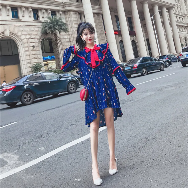 

Egg Skirt 2019 New Style Fashion Elegant French Versatile First Love Flounced Floral-Print Lace-up High-waisted Dress Women's
