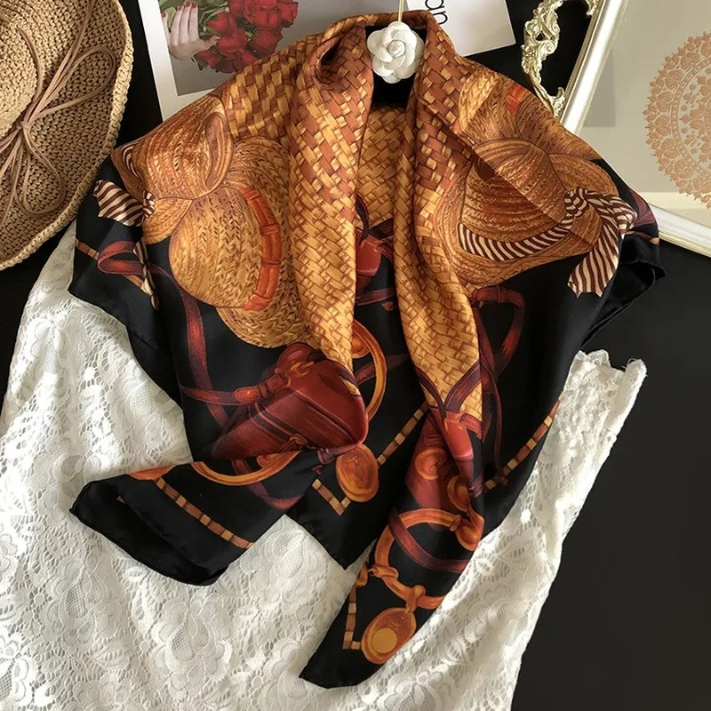 

Real 100% Silk Twill Scarf Fashion Lady Headscarf Scarves Shawl Coat Wrap Straw Hat Pattern 90*90cm