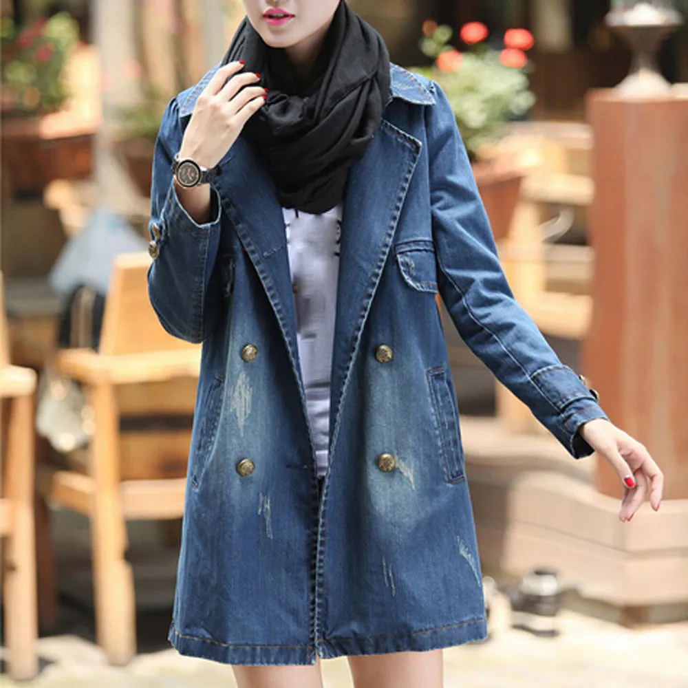

Female coat women's windbreaker тренч ropa mujer Fashion Casual Long Sleeve Denim Jacket Long Jean Outwear Overcoat h4