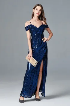 

Navy Blue Sequined Evening Party Dresses Side Split Off The Shoulder Spaghetti Straps Prom Formal Gown