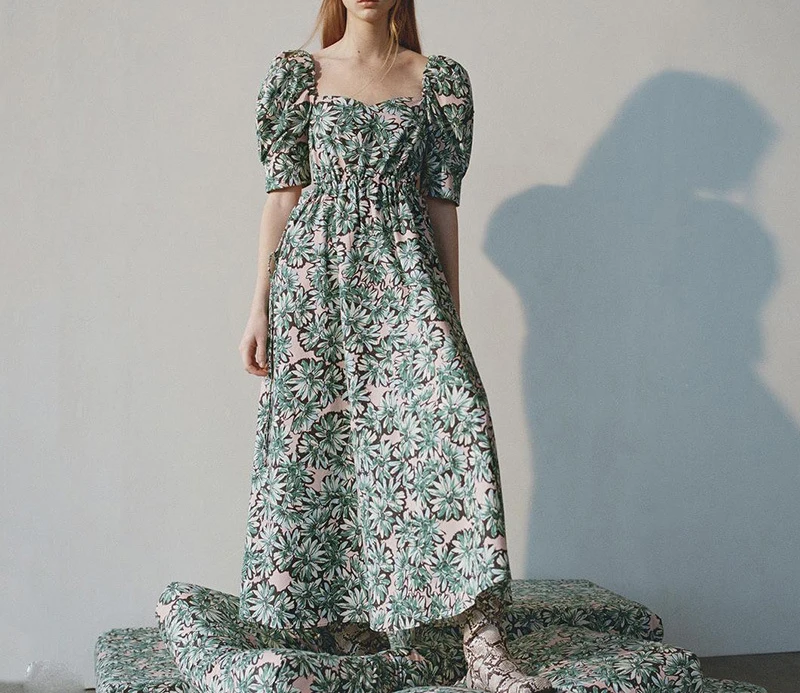 Женское платье макси с высокой талией Летнее цветочное пышными рукавами и