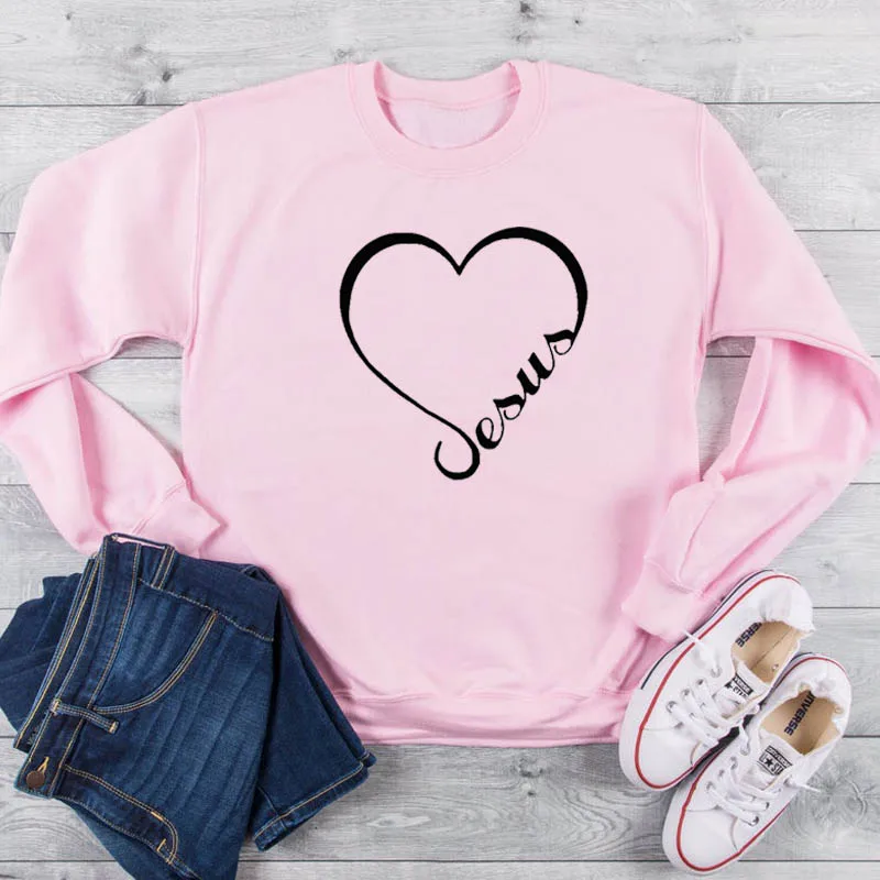 Love Heart Толстовка с принтом Jesus женские христианские религиозные пуловеры Harajuku худи Джемперы Осенние Топы с длинными рукавами Прямая